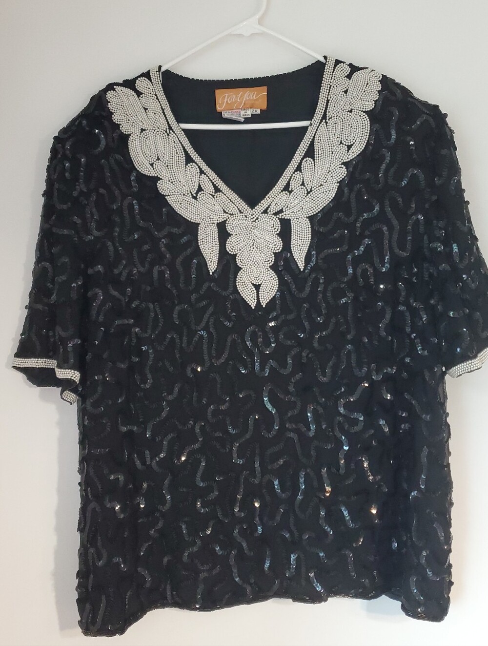 Vintage For You By Spiegel 100% Silk Beaded Sequin Blouse Size 2X Cocktail Party